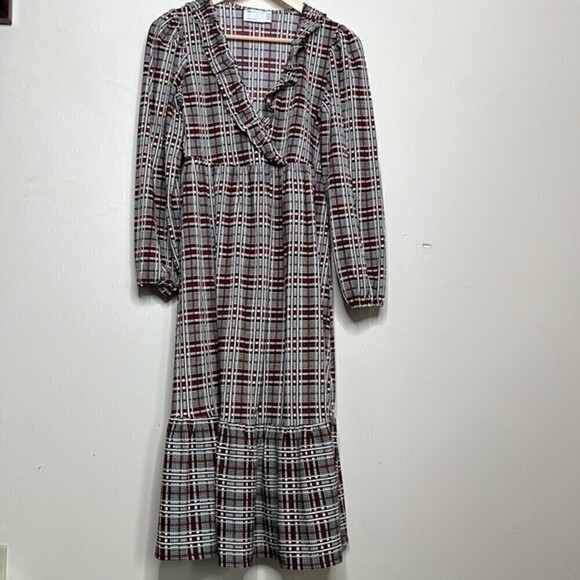 ASOS DESIGN MIDI SMOCK DRESS FRILL NECK BLACK & RUST CHECK PRINT SIZE 4P - Picture 1 of 11